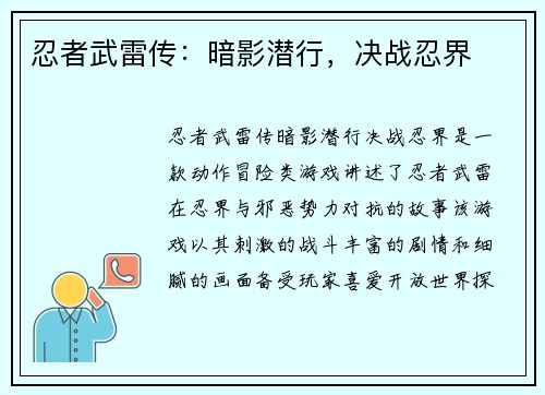 忍者武雷传：暗影潜行，决战忍界